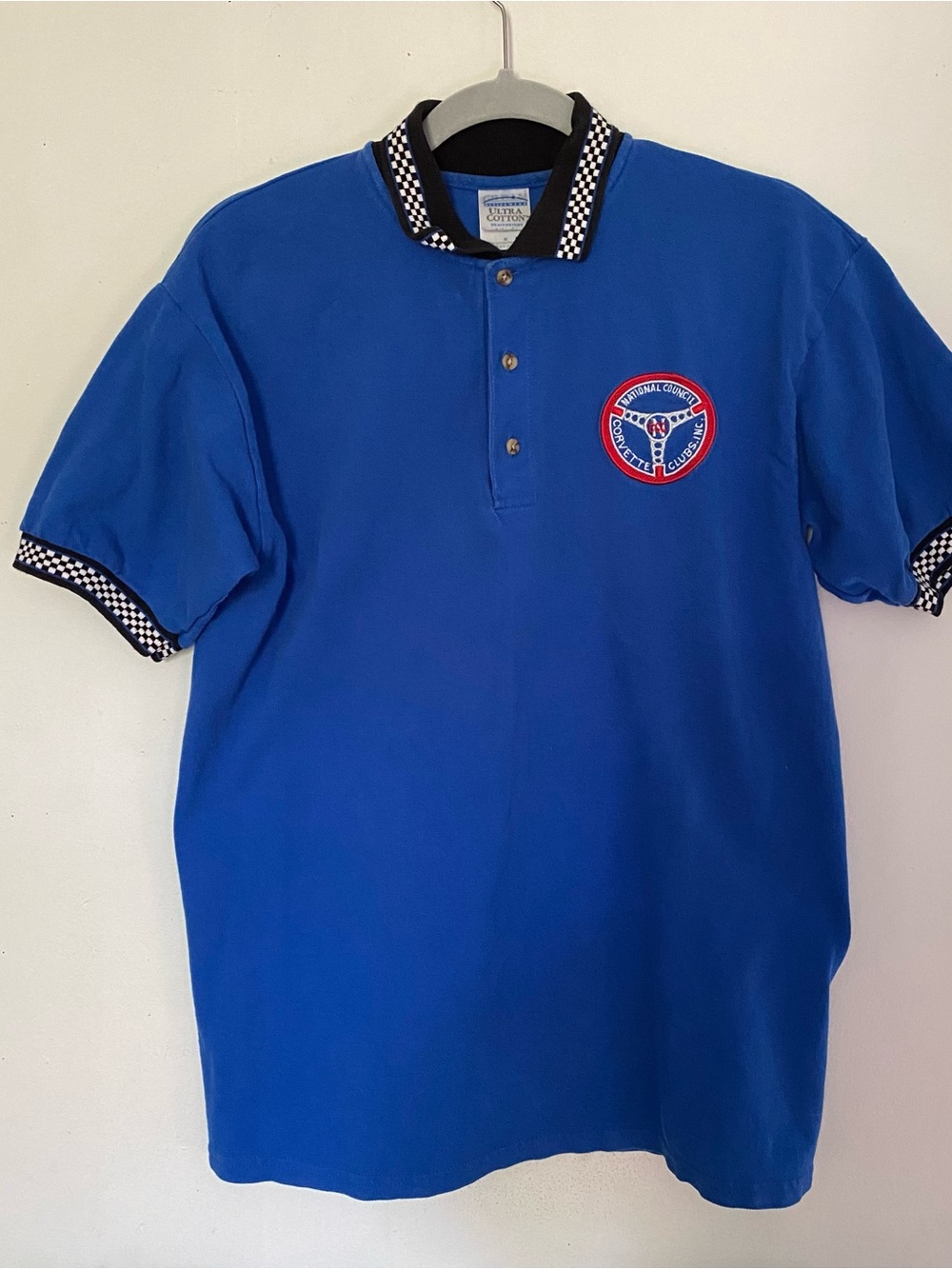 Gildan Corvette Blue Polo with Checkerboard Collar and Sleeve Trim: Size Medium